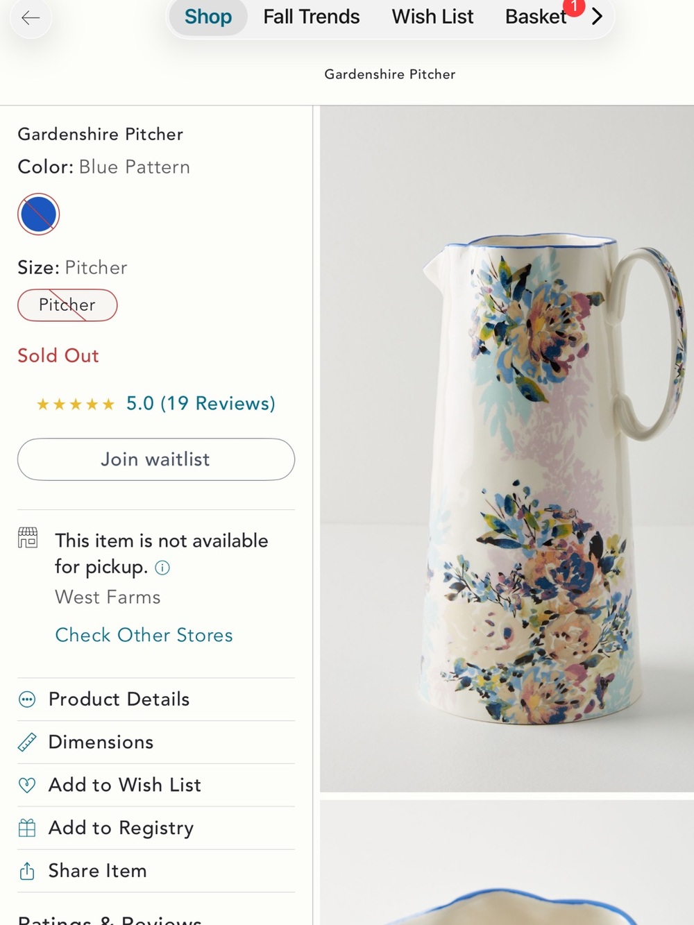 Anthropologie Gardenshire floral, handpainted Pitcher NEW - Picture 8 of 9